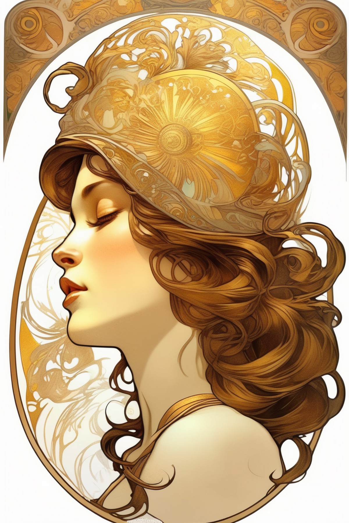 <lora:Alphonse Mucha Style:1>Alphonse Mucha Style - desing for tattoo for brown haired woman looking in profile with golde...